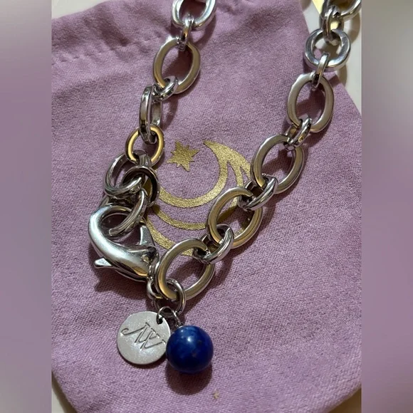 Jane Win Silver Chunky Link Chain w/ Lapis Bead, 18” - Picture 4 of 13